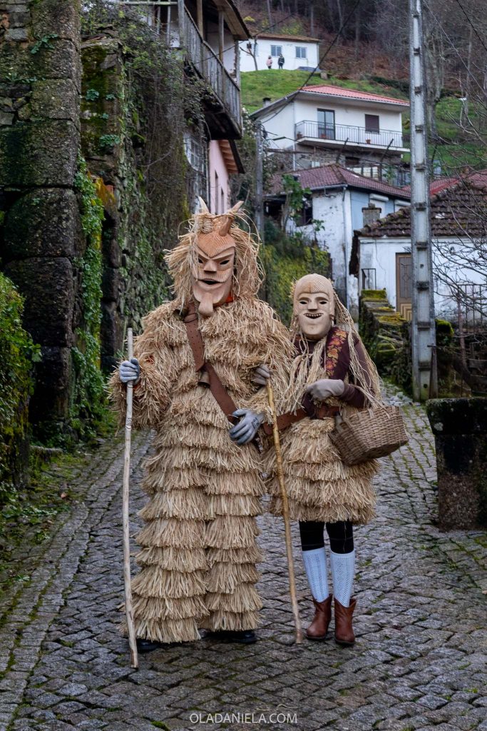 Two caretos at the traditional carnival celebrations in Lazarim, near Lamego, Douro Valley