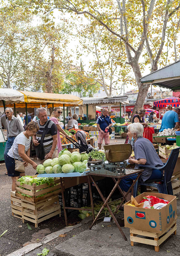 Fresh food produce market in Split historic centre in Croatia