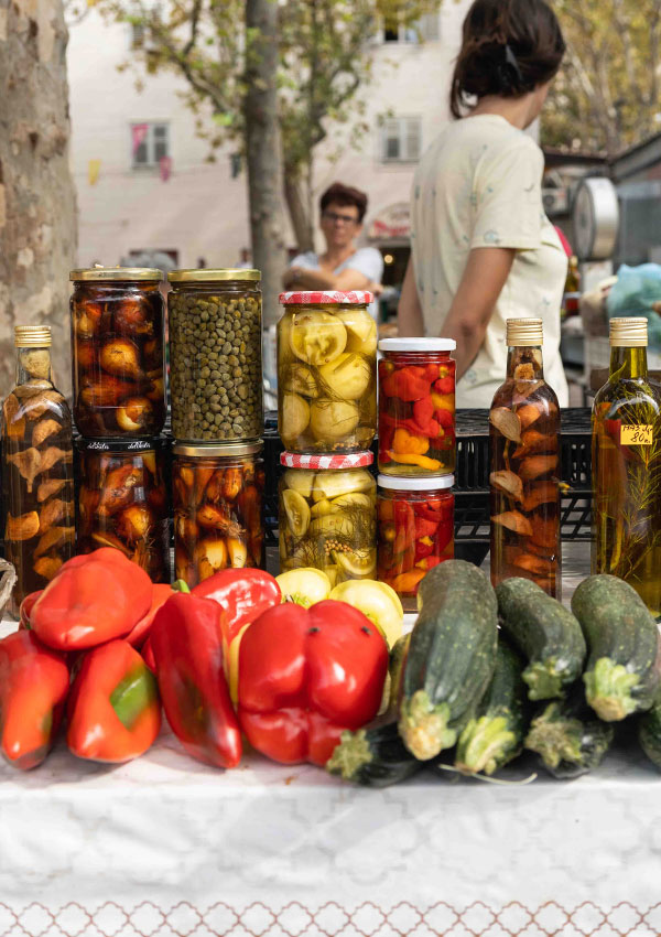 Fresh food produce market in Split historic centre in Croatia